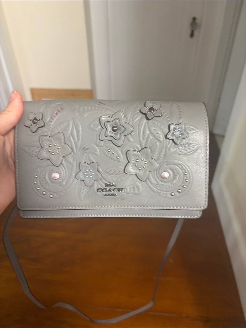 Coach Gray Floral Embossed Leather Crossbody